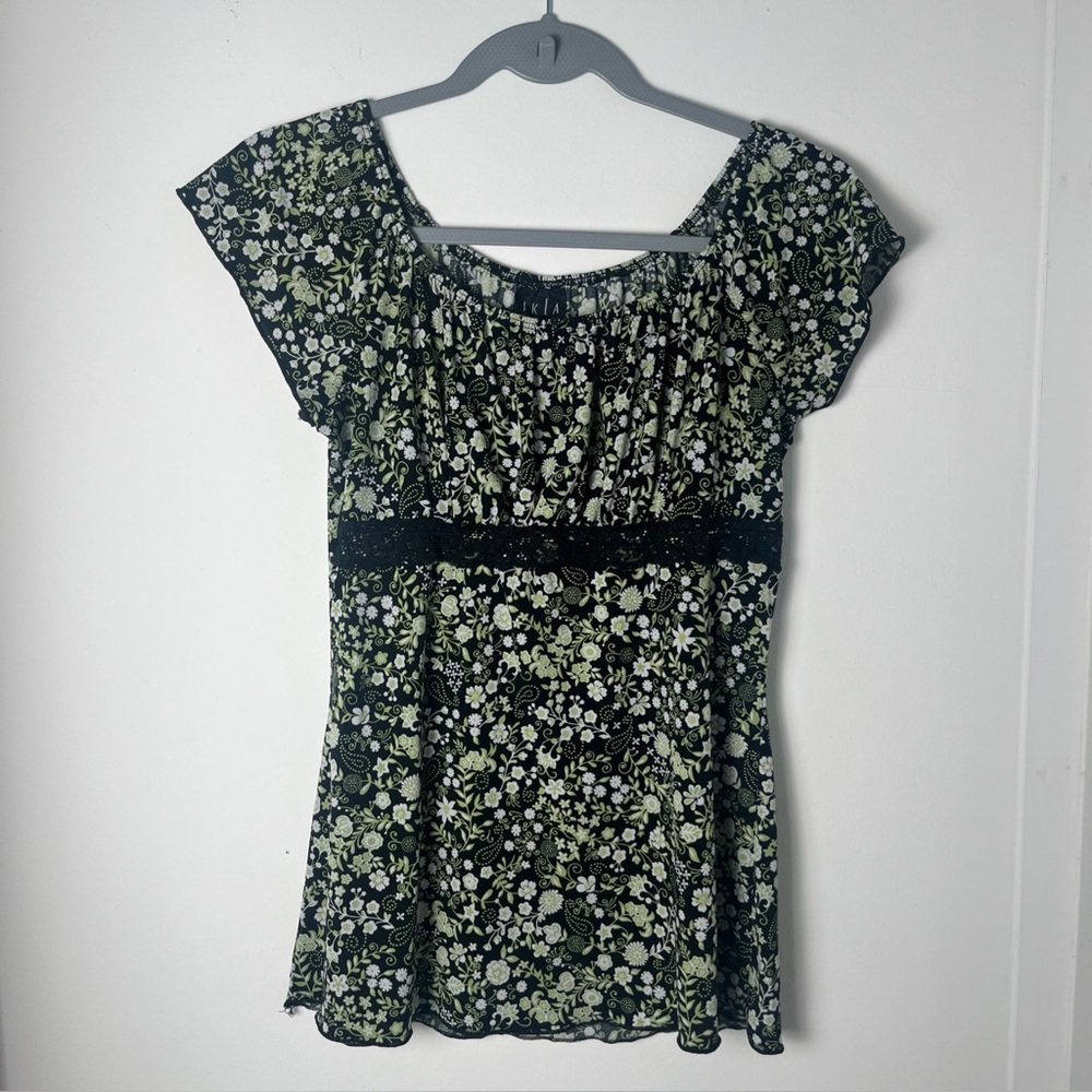 Vtg Y2K Floral Sz M Babydoll Top JKLA California Shirt Milkmaid Empire feminine